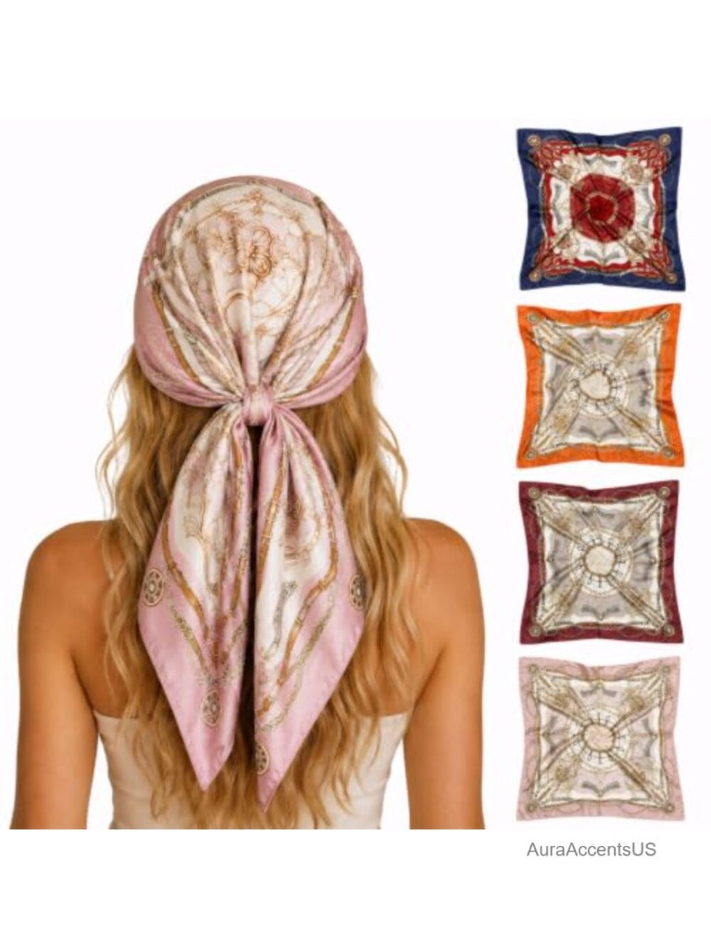 Large Satin Head Scarf Set 4 Pack 35" Square Bandana Hair Wrap Polyester